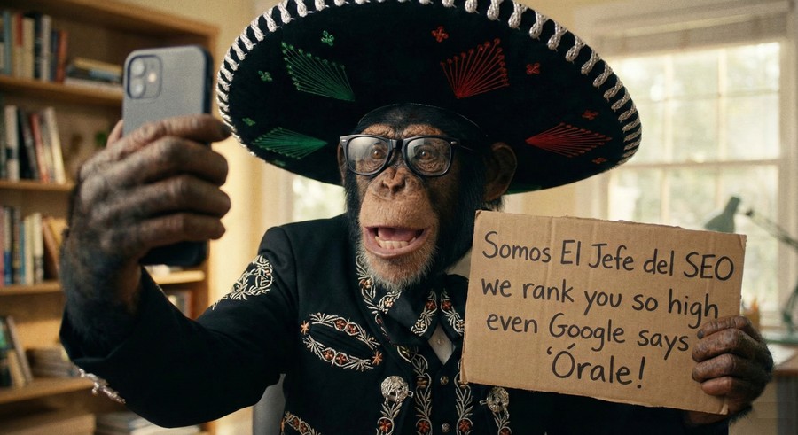 El Jefe del SEO, the Austin Code Monkey mascot, holding a sign that reads: we rank you so high even Google says Orale